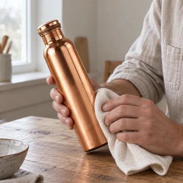A copper bottle being gently dried with a linen cloth
