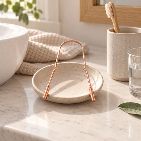 A copper tongue cleaner on a ceramic dish in warm natural light