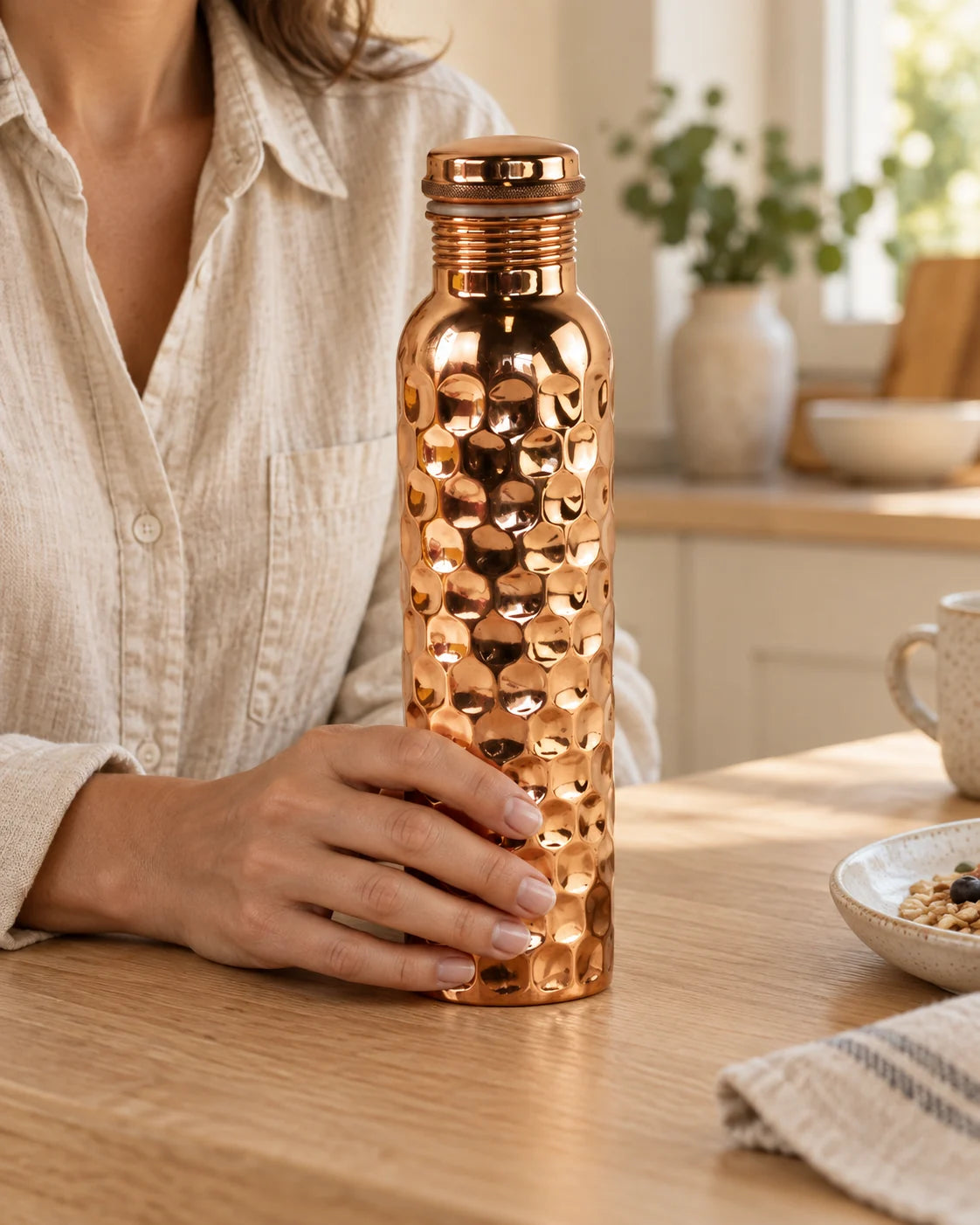 Hammered copper bottle in a quiet morning moment