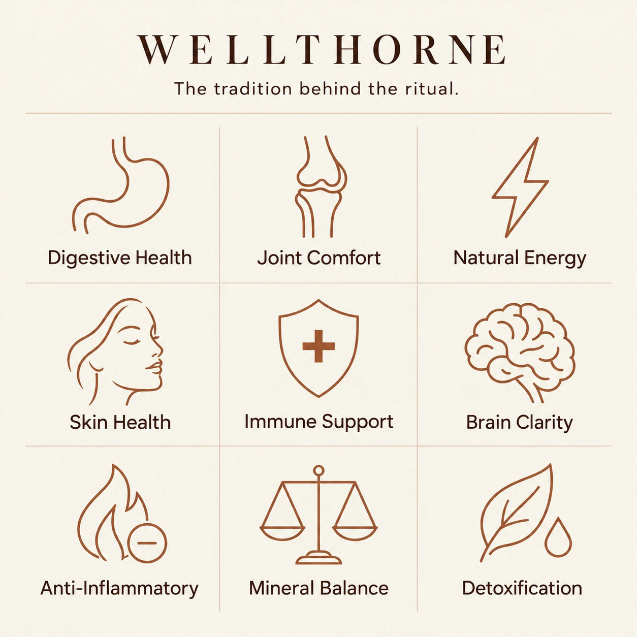 Wellthorne copper ritual: digestive health, joint comfort, natural energy, skin health, immune support, brain clarity, anti-inflammatory, mineral balance and detoxification